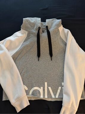 Calvin Klein Gray & White Cropped Colorblock Hoodie with Black Drawstrings